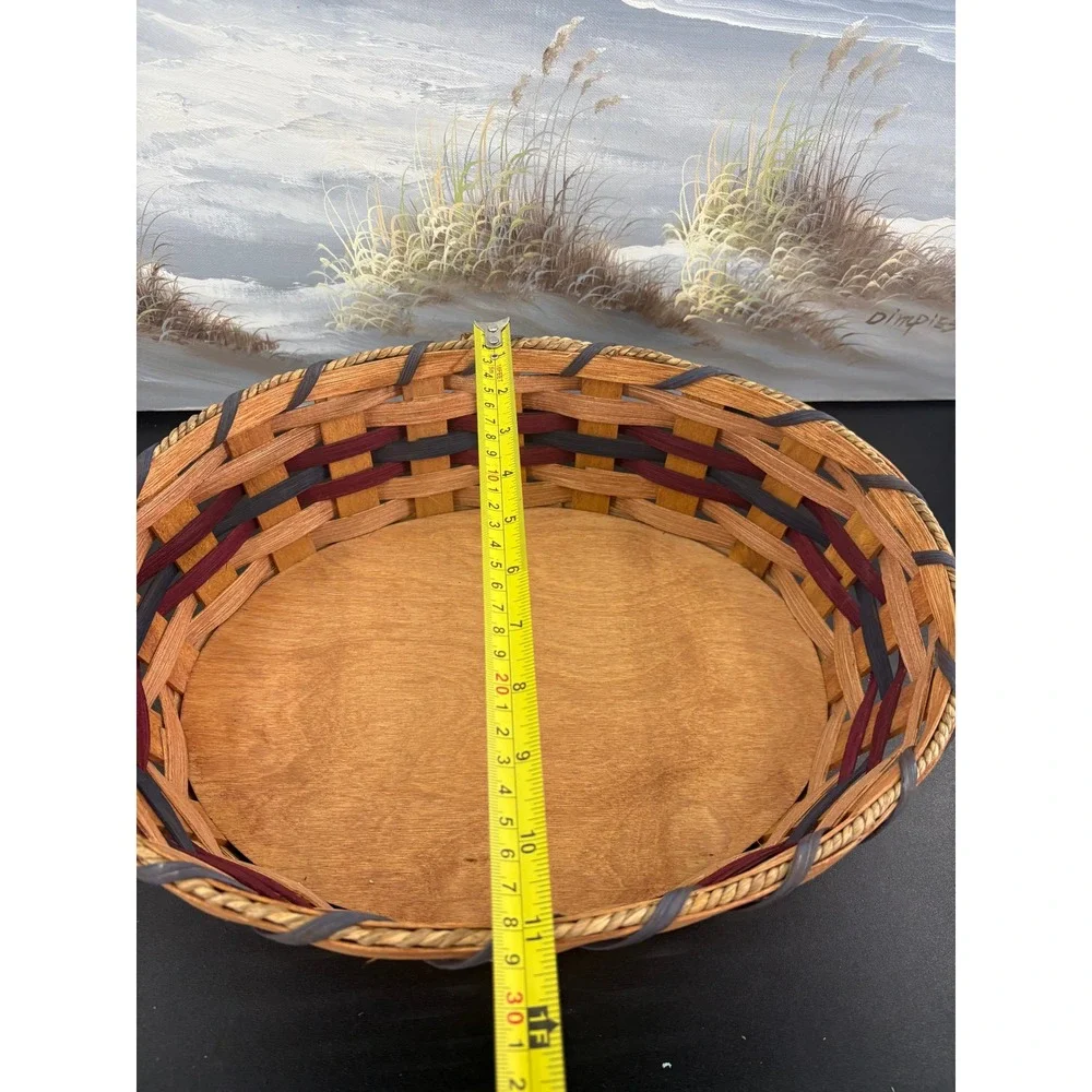 Handmade Jacob & Sarah Yoder Woven Splint Basket Oval Wood Base Blue Burgundy
